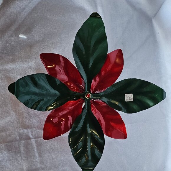 Vtg DEPT 56 3.25" H x 7" Poinsettia Candle Holder Enameled Red & Green Leaves - Picture 3 of 5